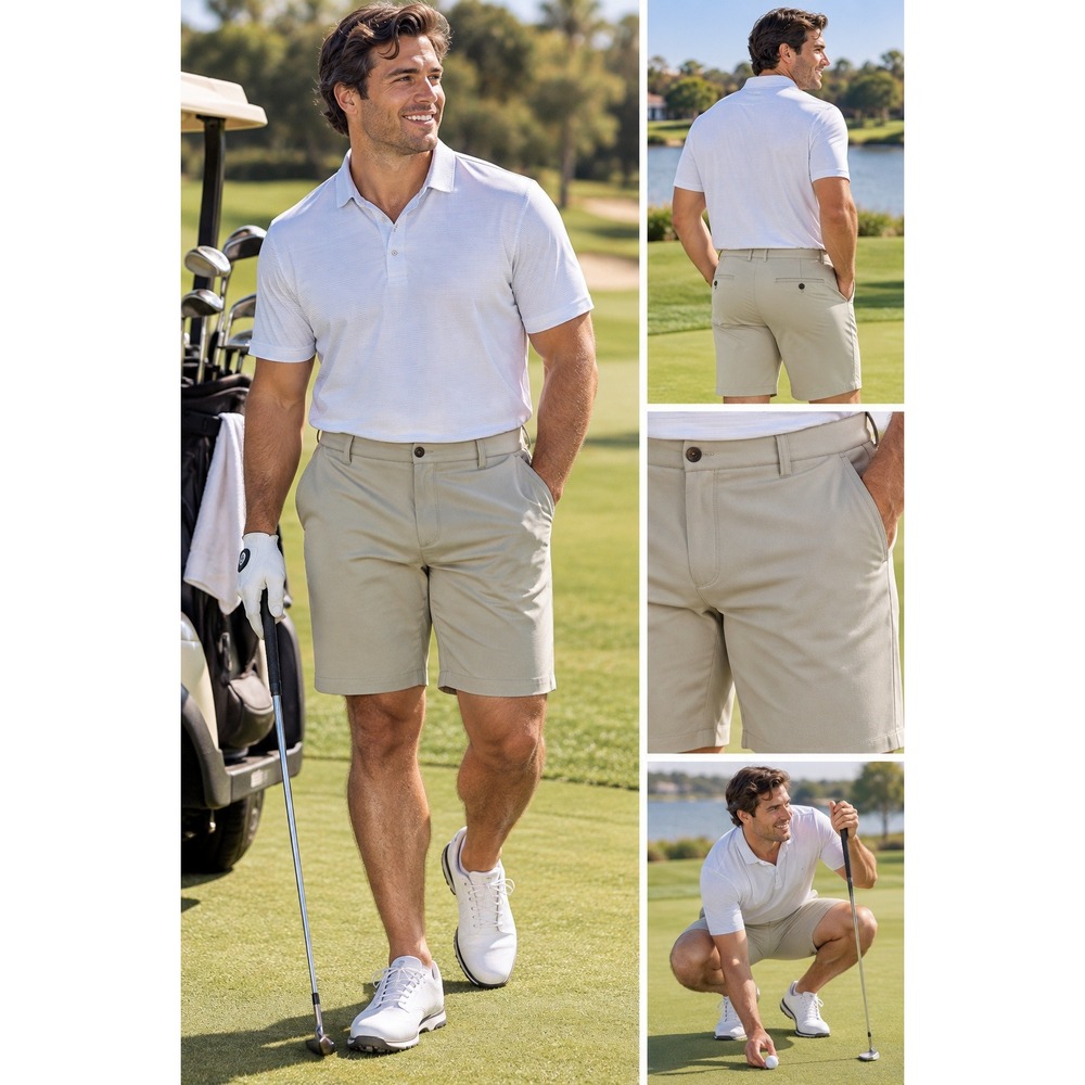 Haggar Shorts Size 38 Khaki Flat Front Classic Fit Polyester Golf Chino #1653